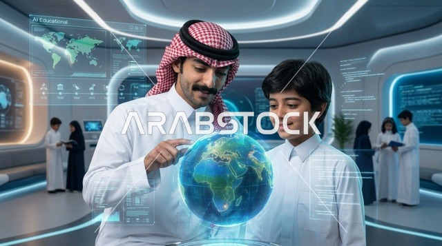 معلم وطالب سعودي يتفاعلان مع مجسم هولوجرام للكرة الأرضية