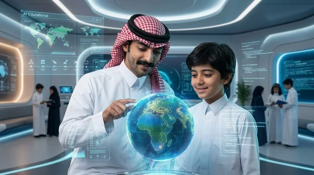 معلم وطالب سعودي يتفاعلان مع مجسم هولوجرام للكرة الأرضية