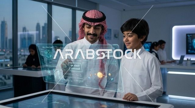 معلم وطالب سعودي يستخدمان شاشة هولوغرام تفاعلية