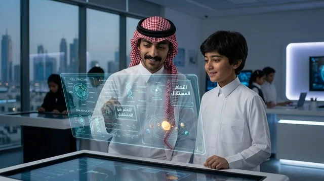 معلم وطالب سعودي يستخدمان شاشة هولوغرام تفاعلية