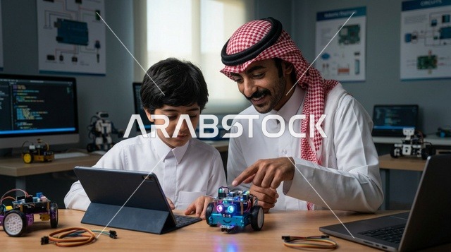 أب سعودي يعلم ابنه برمجة الروبوتات في الفصل الدراسي