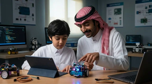 أب سعودي يعلم ابنه برمجة الروبوتات في الفصل الدراسي