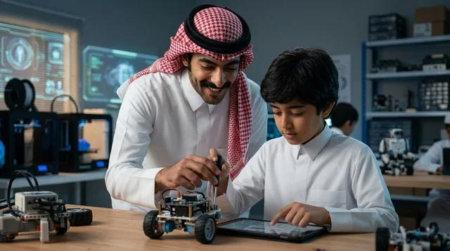 معلم سعودي يوجه طالباً في تركيب روبوت داخل مختبر تقني