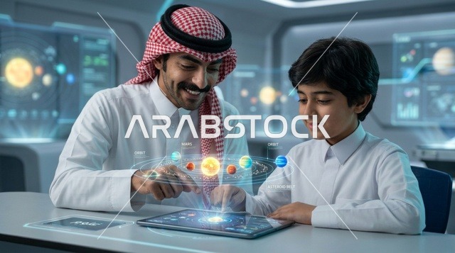 أب سعودي وابنه يتعلمان عن الفضاء باستخدام جهاز لوحي