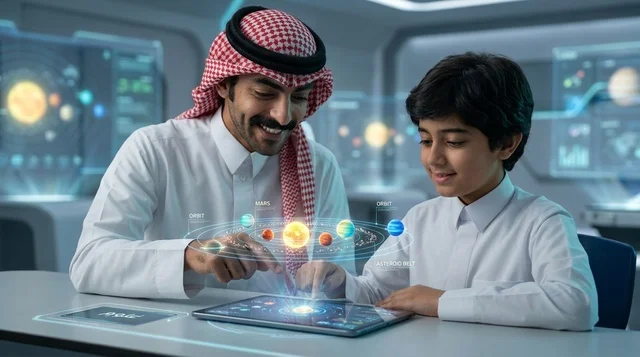 أب سعودي وابنه يتعلمان عن الفضاء باستخدام جهاز لوحي