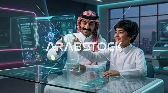 أب سعودي وابنه يتفاعلان مع شاشة هولوغرامية للعلوم