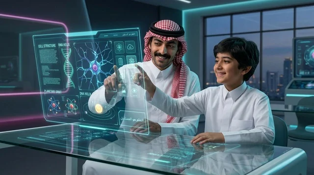 أب سعودي وابنه يتفاعلان مع شاشة هولوغرامية للعلوم