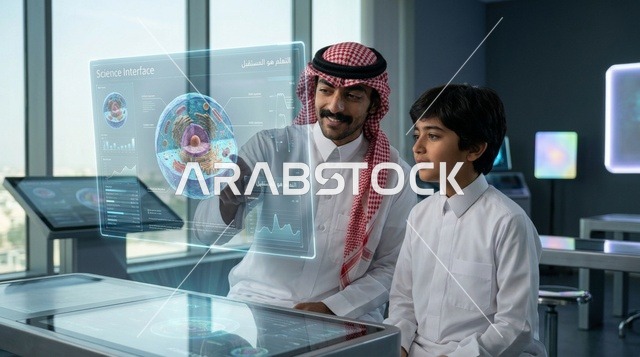 أب وابن سعودي يستخدمان شاشة هولوغرام في مختبر العلوم