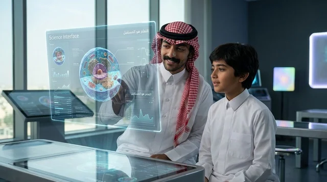 أب وابن سعودي يستخدمان شاشة هولوغرام في مختبر العلوم