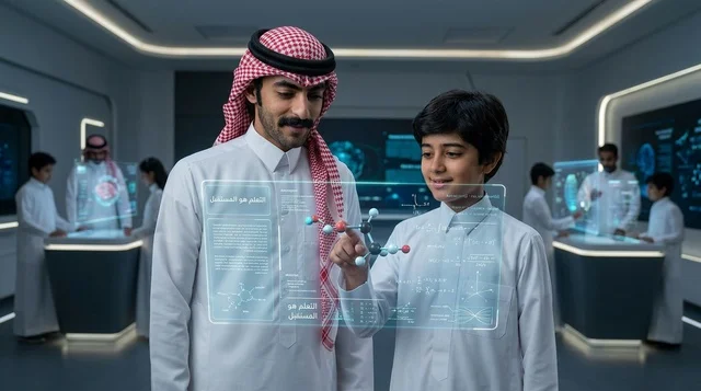 معلم وطالب سعودي مع شاشة هولوغرام في مختبر علوم
