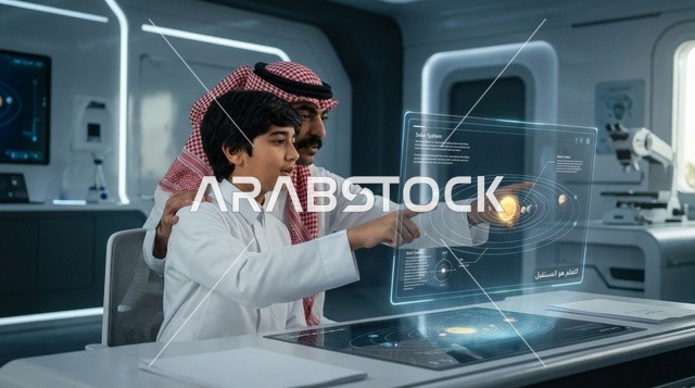 أب سعودي وابنه يدرسان مجسم هولوغرام للنظام الشمسي