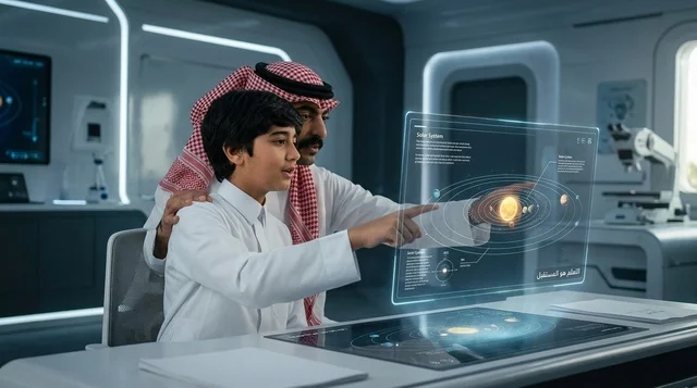 أب سعودي وابنه يدرسان مجسم هولوغرام للنظام الشمسي