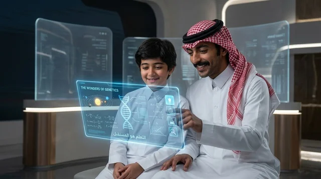 أب سعودي وابنه يتفاعلان مع شاشة هولوجرام علمية حديثة