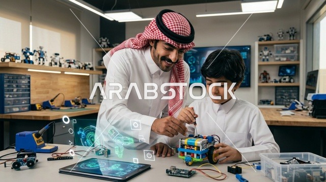 معلم ورجل سعودي يوجه طفلاً في تجميع روبوت بورشة عمل