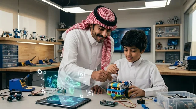 معلم ورجل سعودي يوجه طفلاً في تجميع روبوت بورشة عمل