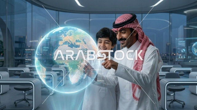أب سعودي وابنه يتفاعلان مع هولوغرام الكرة الأرضية