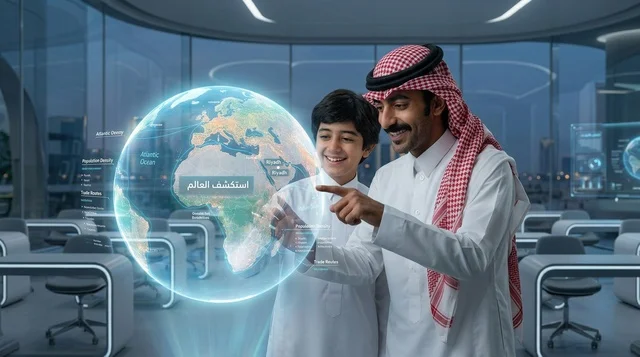 أب سعودي وابنه يتفاعلان مع هولوغرام الكرة الأرضية