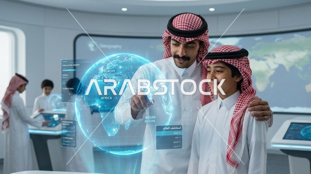رجل وطفل سعودي يتفاعلان مع هولوغرام الكرة الأرضية