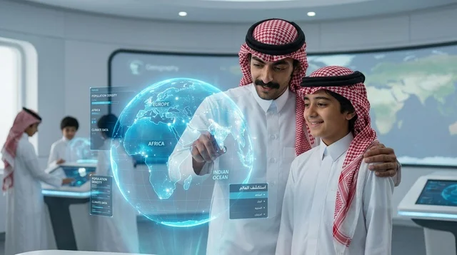 رجل وطفل سعودي يتفاعلان مع هولوغرام الكرة الأرضية