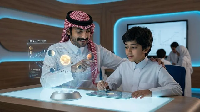معلم وطالب سعودي يستخدمان تقنية الهولوجرام في الفصل