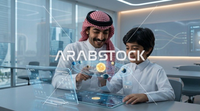 أب وابنه سعوديان يستخدمان تقنية الهولوجرام التعليمية