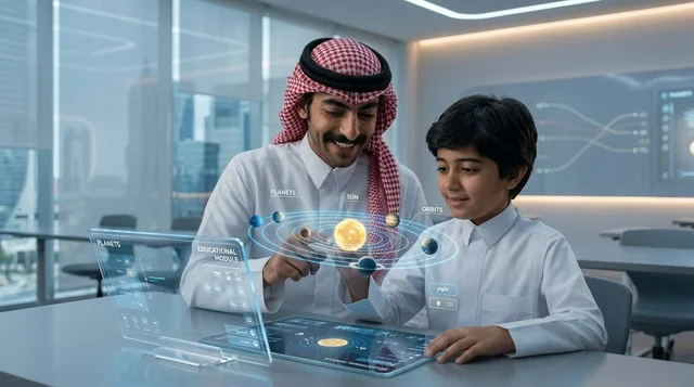أب وابنه سعوديان يستخدمان تقنية الهولوجرام التعليمية
