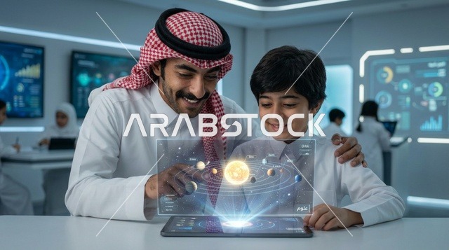 معلم وطالب سعودي يتفاعلان مع الهولوجرام في الفصل