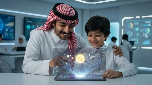 معلم وطالب سعودي يتفاعلان مع الهولوجرام في الفصل