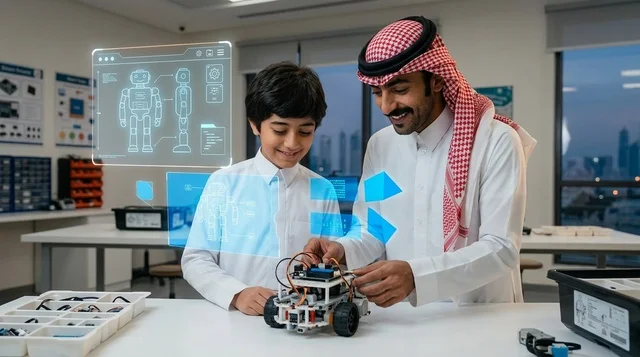 أب سعودي يعلم ابنه برمجة الروبوت داخل مختبر العلوم