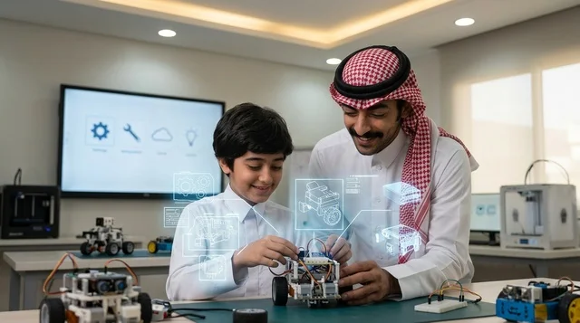 أب سعودي يساعد ابنه في تركيب روبوت بمختبر العلوم