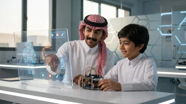 معلم سعودي يوجه طالباً في مختبر الروبوتات والذكاء