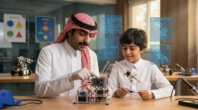 Saudi Teacher and Student in Robotics STEM Class