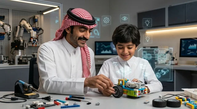 أب سعودي وطفله يبتكران روبوت في مختبر العلوم الحديث