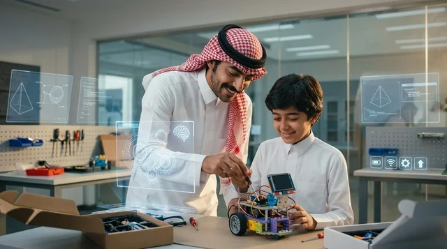 معلم وطالب سعودي يبتكران روبوت في مختبر تعليمي حديث