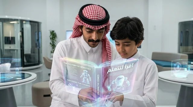 أب وابن سعوديان يقرآن كتاب هولوغرام تفاعلي حديث