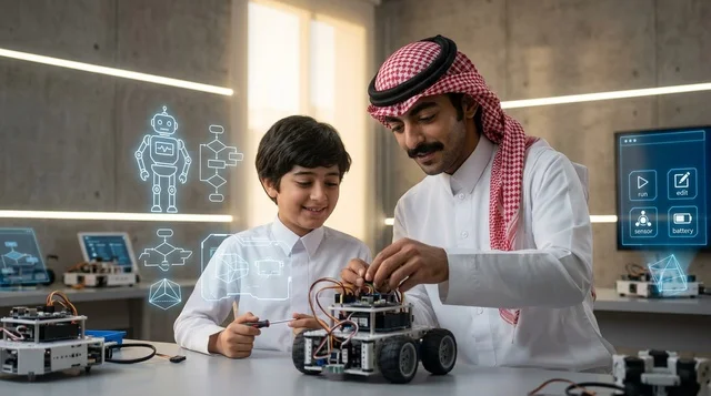 رجل سعودي مع طفل يتعلمان هندسة الروبوتات في مختبر