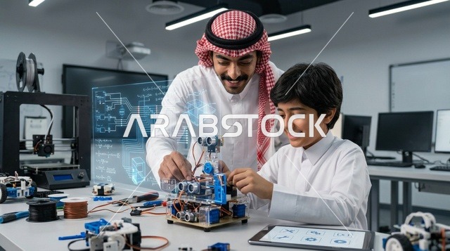 معلم وطالب سعودي يعملان على مشروع روبوتات في المختبر