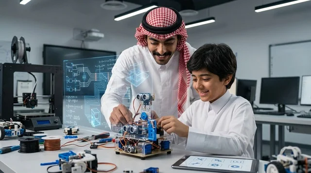 معلم وطالب سعودي يعملان على مشروع روبوتات في المختبر