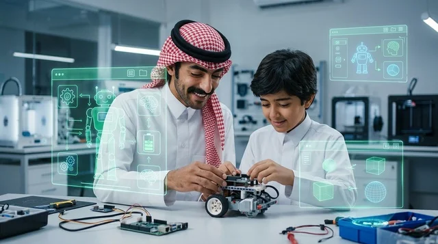أب سعودي يوجه ابنه في تجميع روبوت في مختبر العلوم