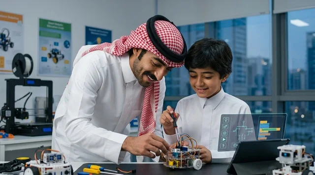 معلم وطالب سعودي يقومان بتركيب روبوت في فصل دراسي
