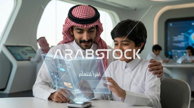أب وابنه بزي سعودي يستخدمان تقنية الهولوغرام للتعليم