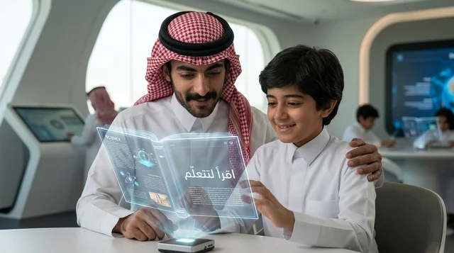 أب وابنه بزي سعودي يستخدمان تقنية الهولوغرام للتعليم