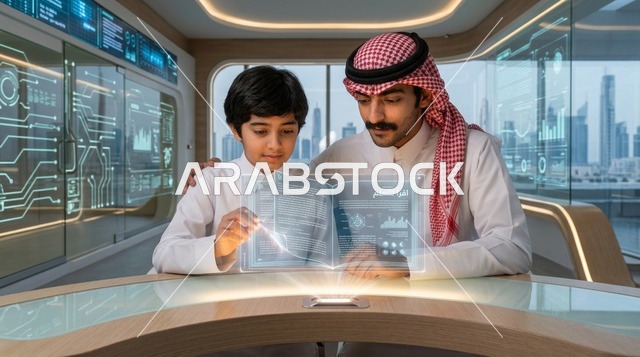 Saudi Father and Son Using Futuristic Hologram Book