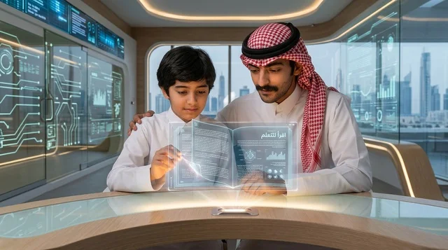 أب سعودي وابنه يتعلمان باستخدام كتاب هولوغرام تفاعلي