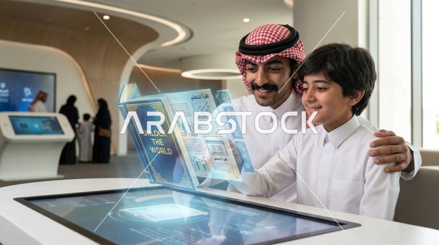 أب سعودي وابنه مع هولوجرام تفاعلي تعليمي