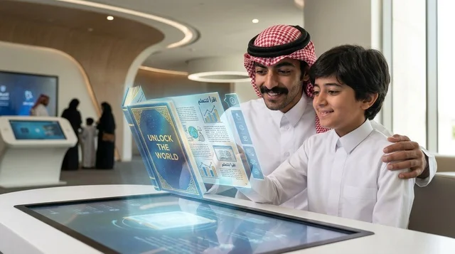 أب سعودي وابنه مع هولوجرام تفاعلي تعليمي