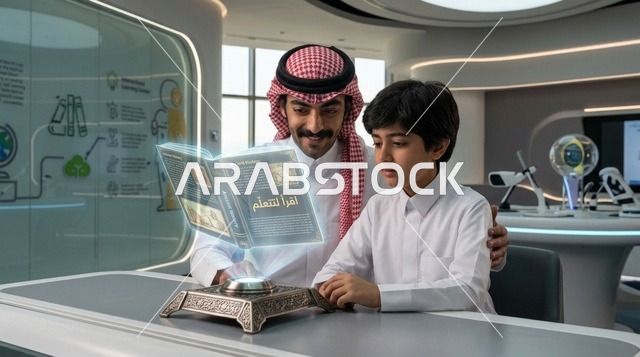 Saudi Father and Son Using Hologram Education Technology
