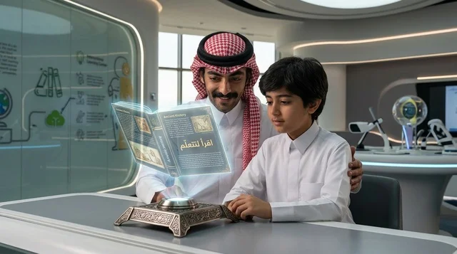 أب سعودي وابنه يتعلمان باستخدام كتاب هولوغرام ثلاثي الأبعاد
