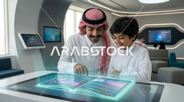 أب وابنه بزي سعودي يتفاعلان مع شاشة هولوغرام ذكية