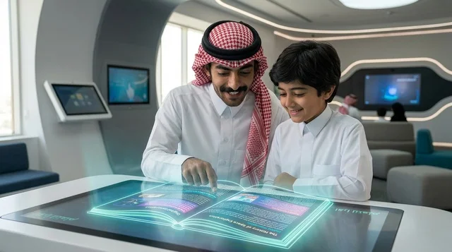 أب وابنه بزي سعودي يتفاعلان مع شاشة هولوغرام ذكية